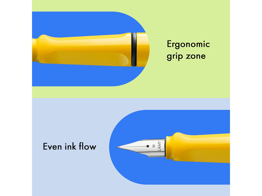 LAMY safari yellow fountain pen features including ergonomic grip zone, stainless steel nib and smooth ink flow performance