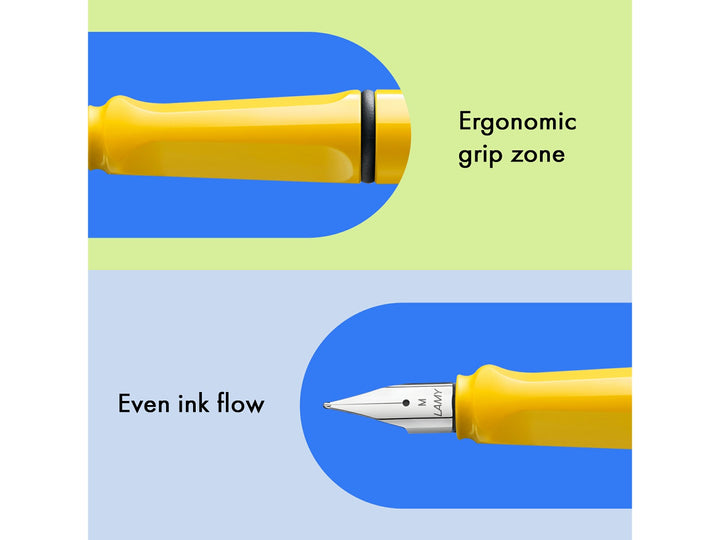LAMY safari yellow fountain pen features including ergonomic grip zone, stainless steel nib and smooth ink flow performance