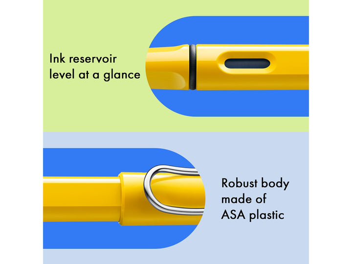 LAMY safari fountain pen Yellow features including ink level window, ASA plastic body and signature wire pocket clip
