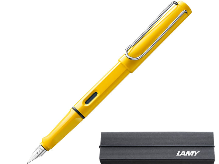 LAMY safari yellow fountain pen with stainless steel nib, ink window and branded LAMY gift box