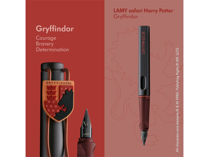 LAMY safari Harry Potter Gryffindor fountain pen showcasing Gryffindor house artwork, black steel nib and special edition design features