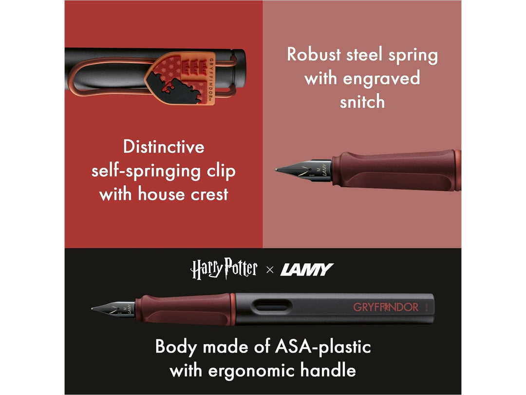 LAMY safari Harry Potter Gryffindor special edition fountain pen feature image showing Gryffindor crest clip, ergonomic grip and black stainless steel nib