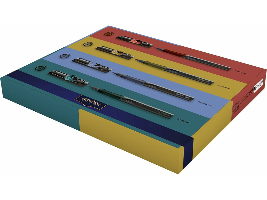 LAMY safari Harry Potter House Set special edition presentation packaging displaying Gryffindor, Slytherin, Ravenclaw and Hufflepuff fountain pens