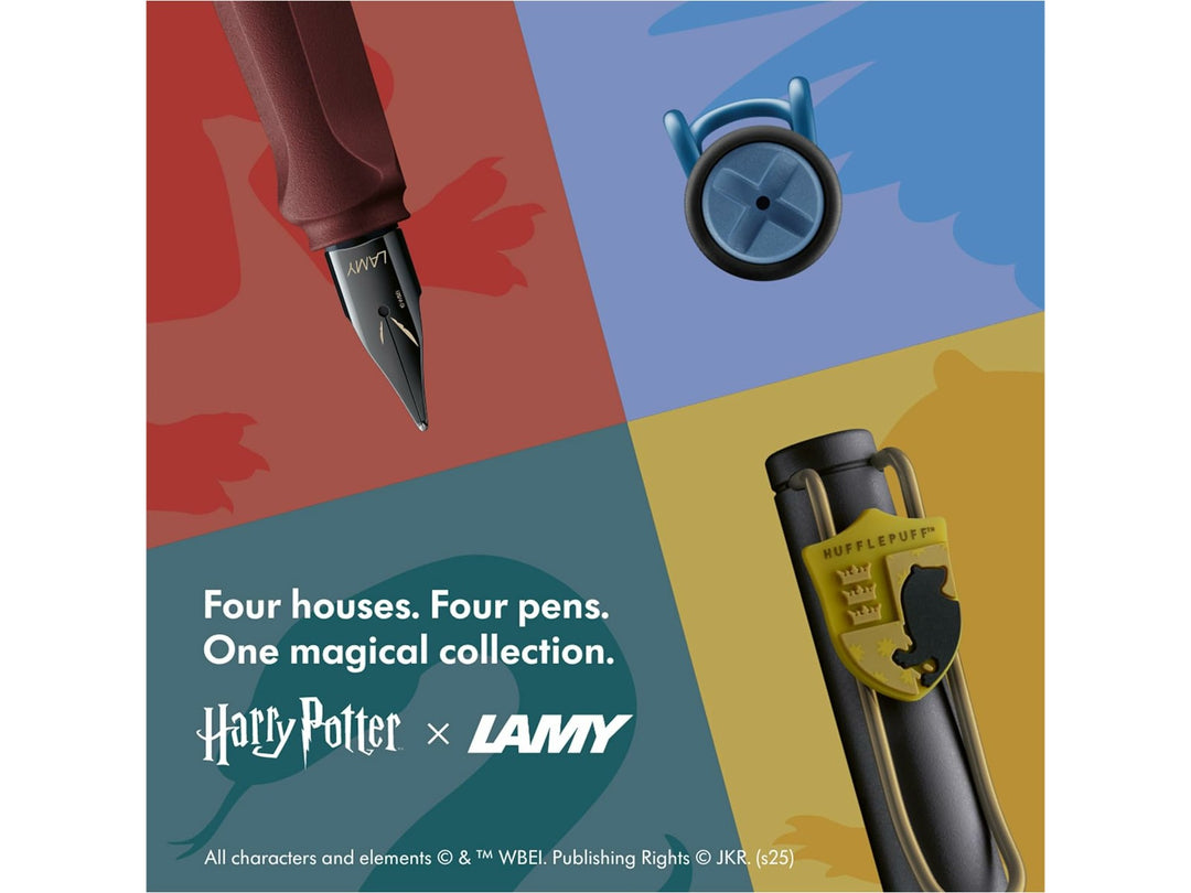 LAMY safari Harry Potter House Set special edition fountain pens featuring Gryffindor, Hufflepuff, Ravenclaw and Slytherin house-inspired designs