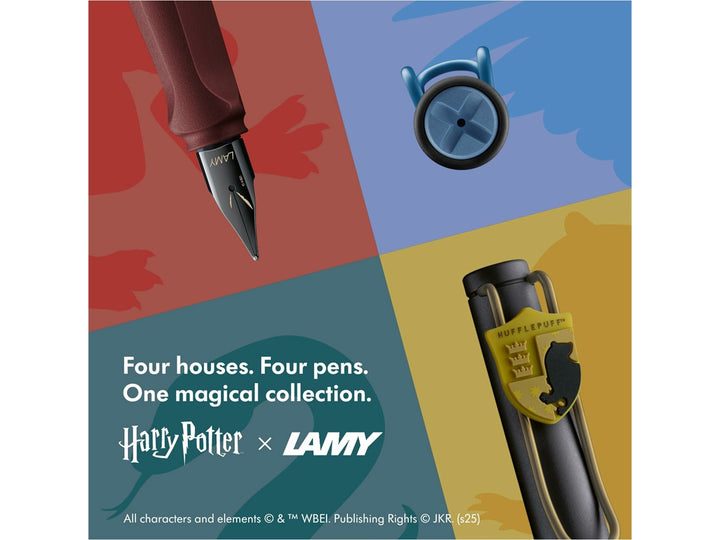 LAMY safari Harry Potter House Set special edition fountain pens featuring Gryffindor, Hufflepuff, Ravenclaw and Slytherin house-inspired designs