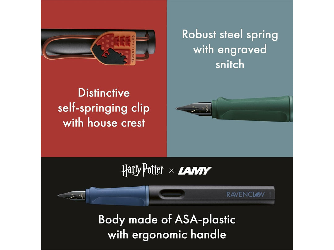LAMY safari Harry Potter Ravenclaw special edition fountain pen feature image showing Ravenclaw house clip, ergonomic grip and black stainless steel nib