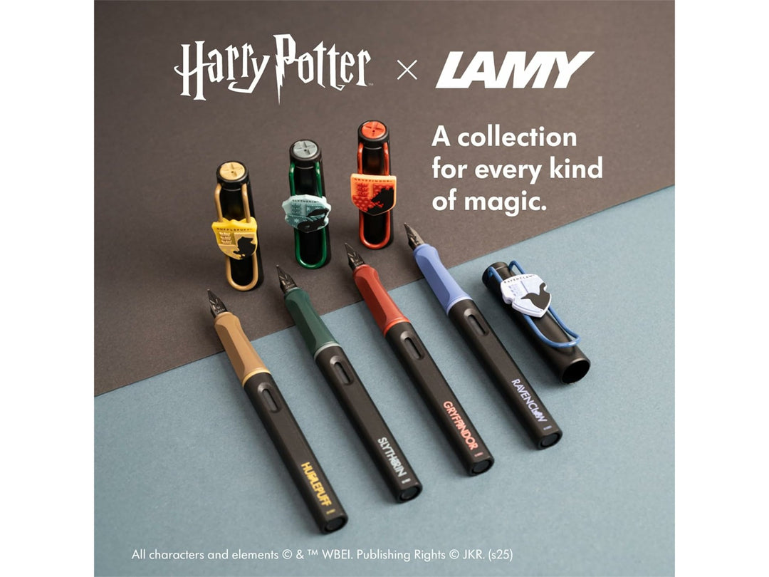 LAMY safari Harry Potter House Set special edition fountain pens showcasing Gryffindor, Slytherin, Ravenclaw and Hufflepuff house designs