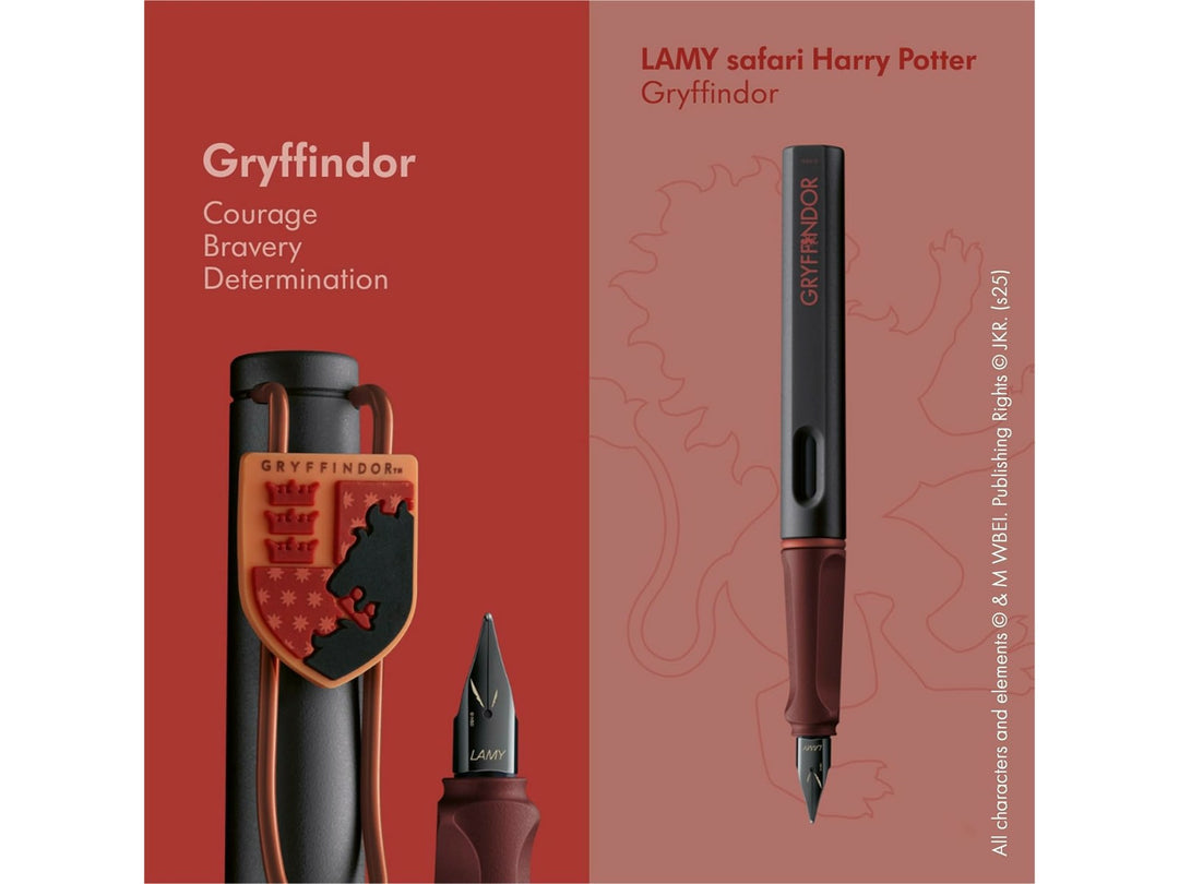 LAMY safari Harry Potter Gryffindor fountain pen showcasing Gryffindor house artwork, black steel nib and special edition design features
