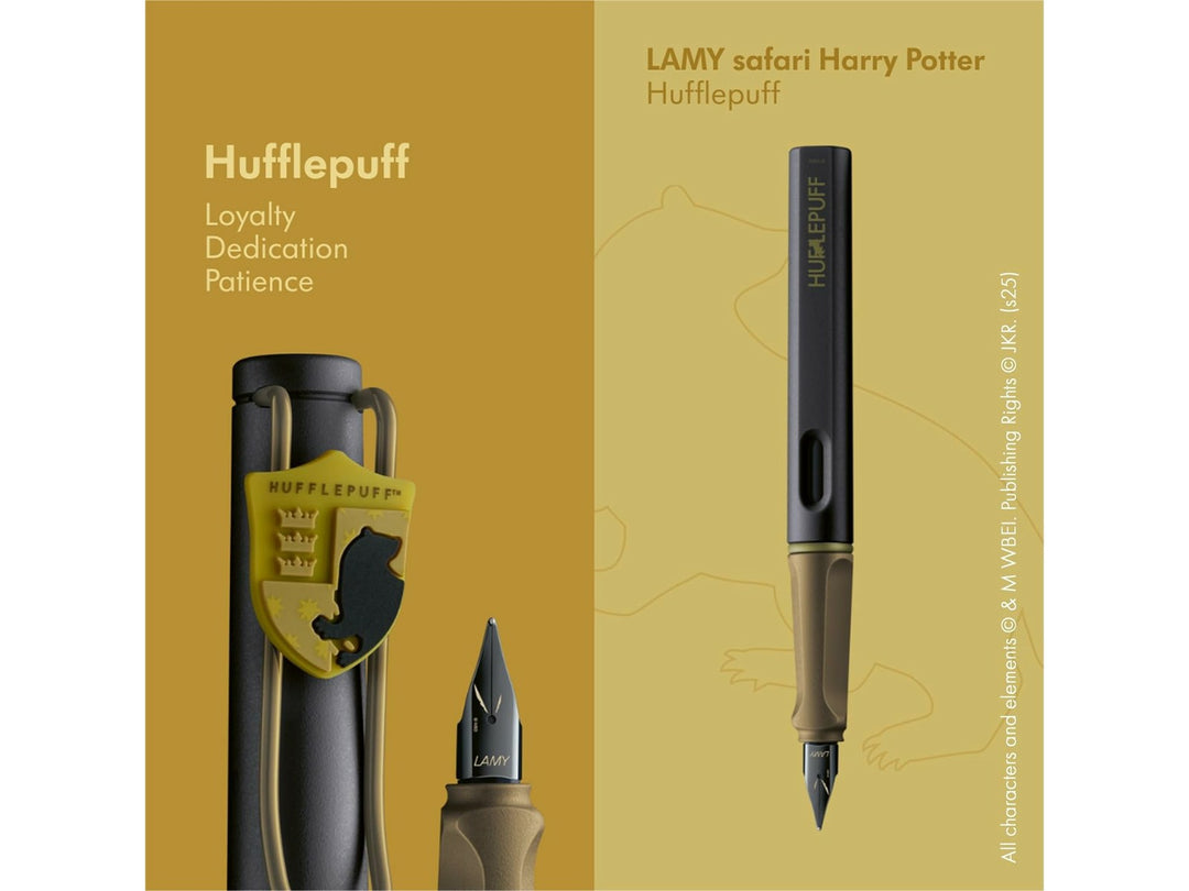 LAMY safari Harry Potter Hufflepuff fountain pen showcasing Hufflepuff house artwork, black steel nib and special edition design features