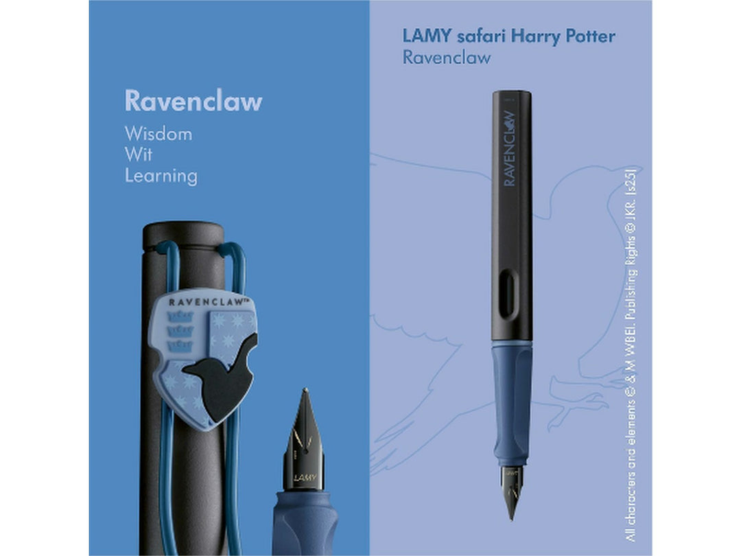 LAMY safari Harry Potter Ravenclaw fountain pen showcasing Ravenclaw house artwork, black steel nib and special edition design features
