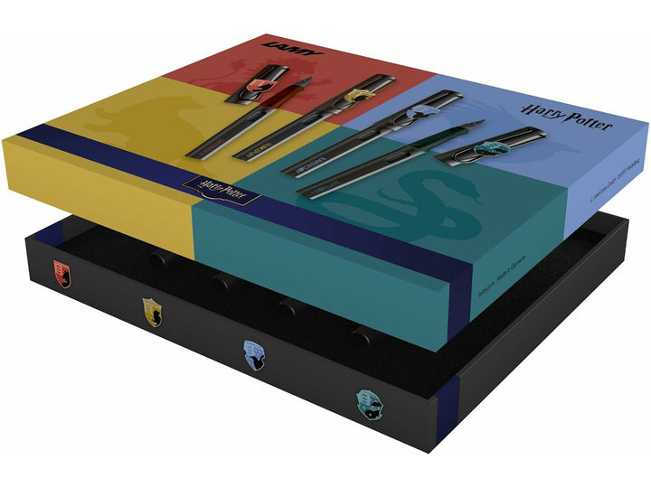 LAMY safari Harry Potter House Set special edition presentation box containing Gryffindor, Slytherin, Ravenclaw and Hufflepuff fountain pens