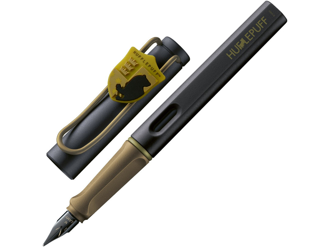 LAMY safari Harry Potter Hufflepuff fountain pen featuring Hufflepuff house charm, ergonomic grip section and black steel nib