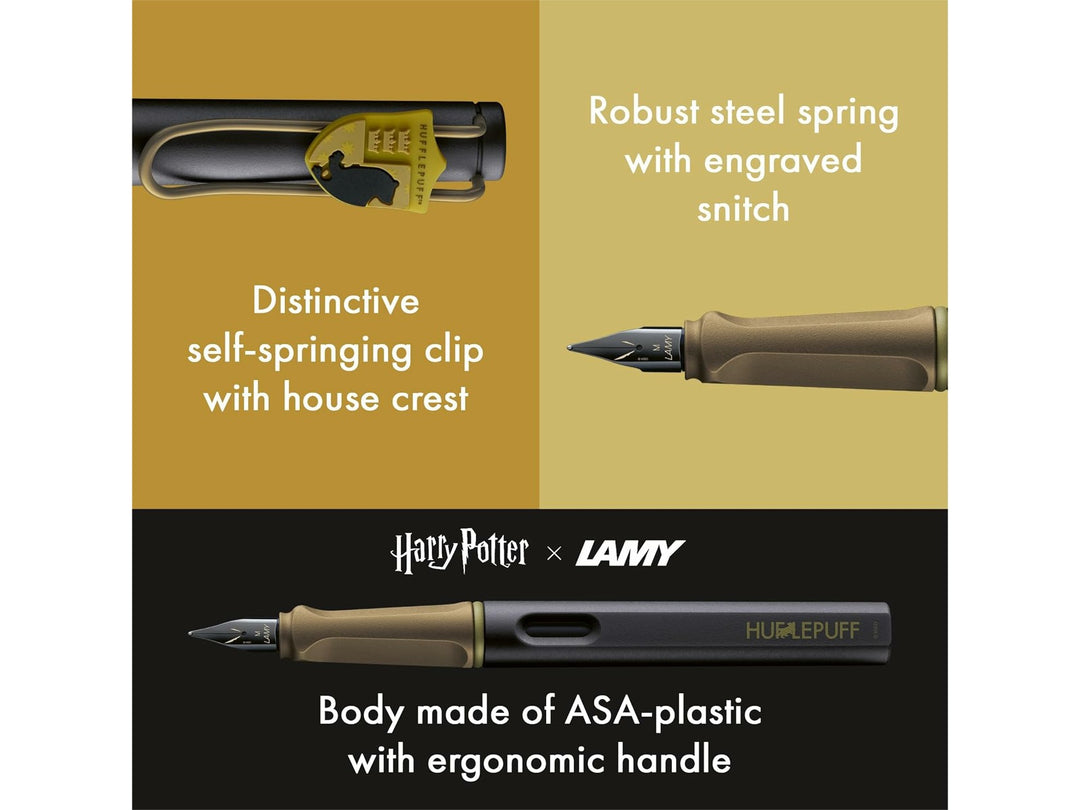 LAMY safari Harry Potter Hufflepuff special edition fountain pen feature image showing Hufflepuff crest clip, ergonomic grip and black stainless steel nib