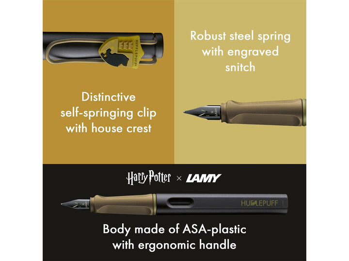 LAMY safari Harry Potter Hufflepuff special edition fountain pen feature image showing Hufflepuff crest clip, ergonomic grip and black stainless steel nib