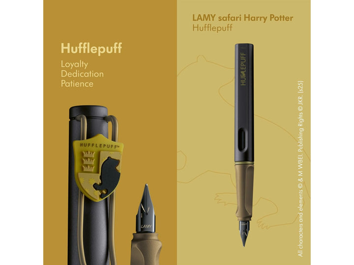 LAMY safari Harry Potter Hufflepuff fountain pen showcasing Hufflepuff house artwork, black steel nib and special edition design features