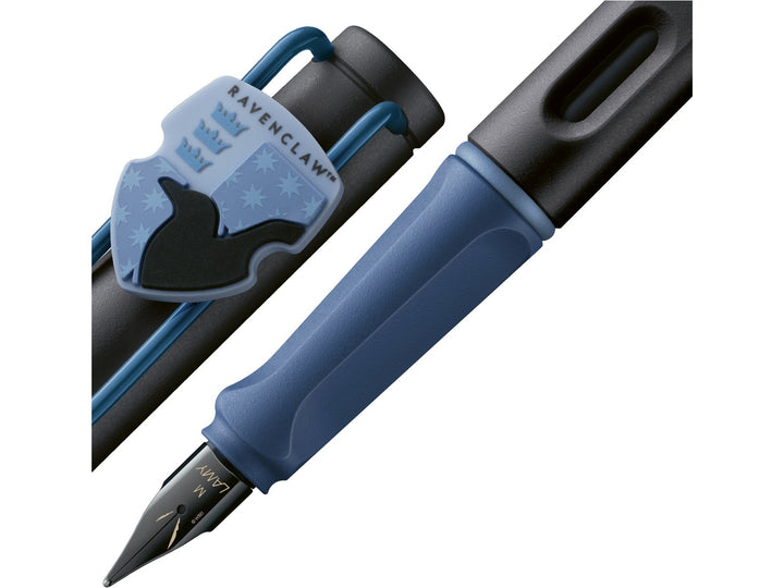 LAMY safari Harry Potter Ravenclaw fountain pen detail showing Ravenclaw crest charm, ergonomic grip section and black steel nib