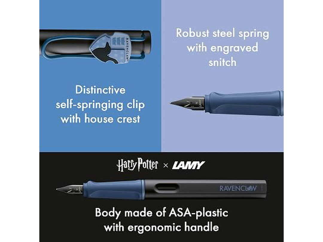 LAMY safari Harry Potter Ravenclaw special edition fountain pen feature image showing Ravenclaw crest clip, ergonomic grip and black stainless steel nib