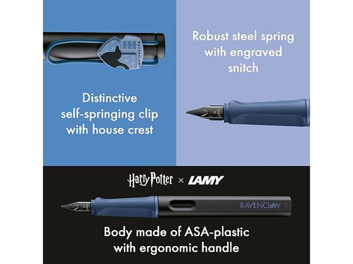 LAMY safari Harry Potter Ravenclaw special edition fountain pen feature image showing Ravenclaw crest clip, ergonomic grip and black stainless steel nib