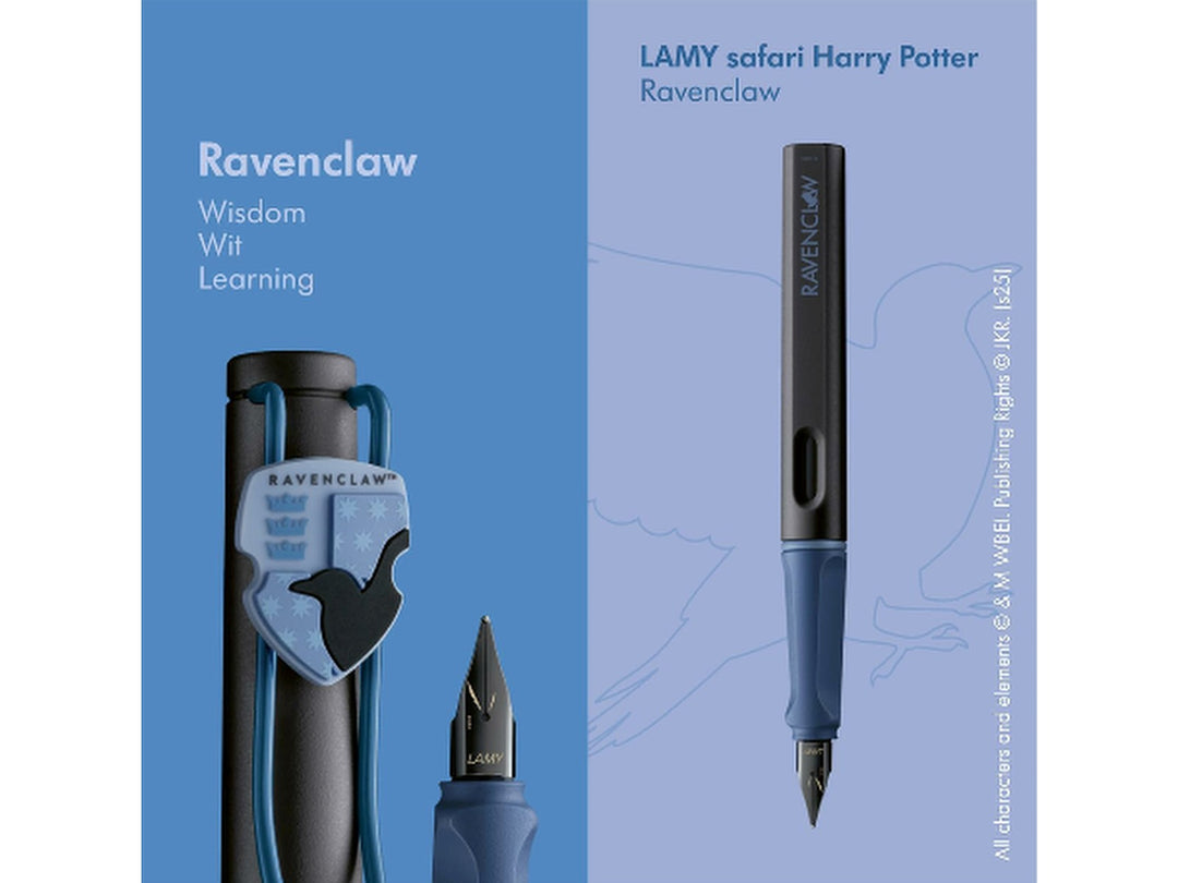 LAMY safari Harry Potter Ravenclaw fountain pen showcasing Ravenclaw house artwork, black steel nib and special edition design features
