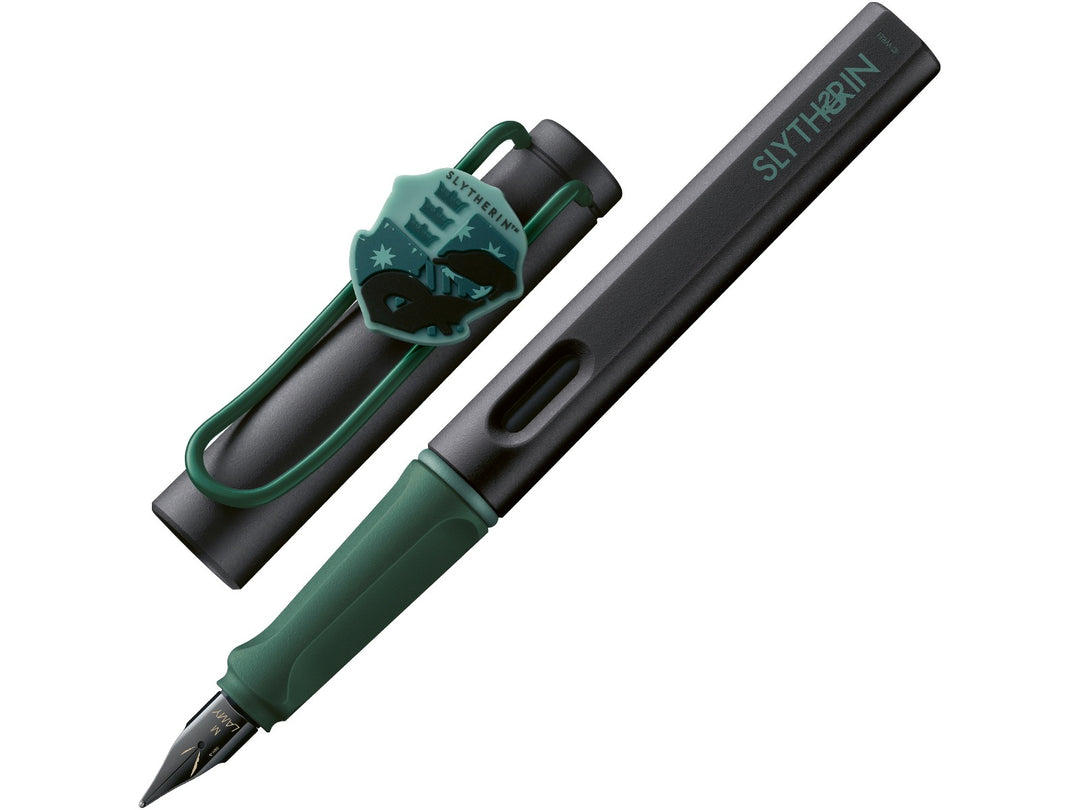 LAMY safari Harry Potter Slytherin fountain pen featuring Slytherin house charm, ergonomic grip section and black steel nib