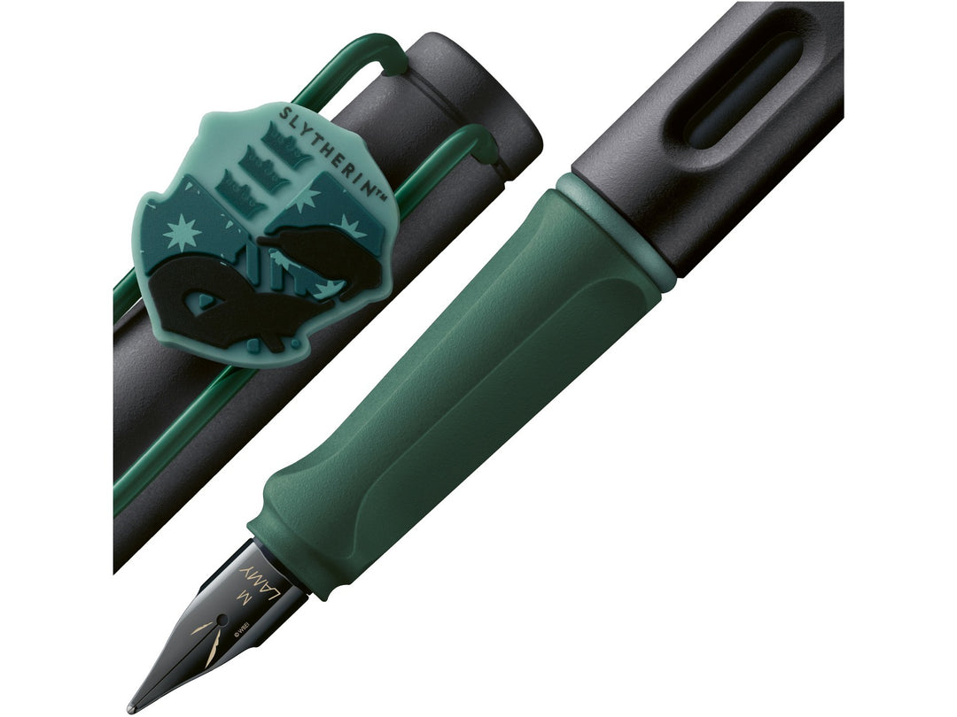 LAMY safari Harry Potter Slytherin fountain pen detail showing Slytherin crest charm, ergonomic grip section and black steel nib