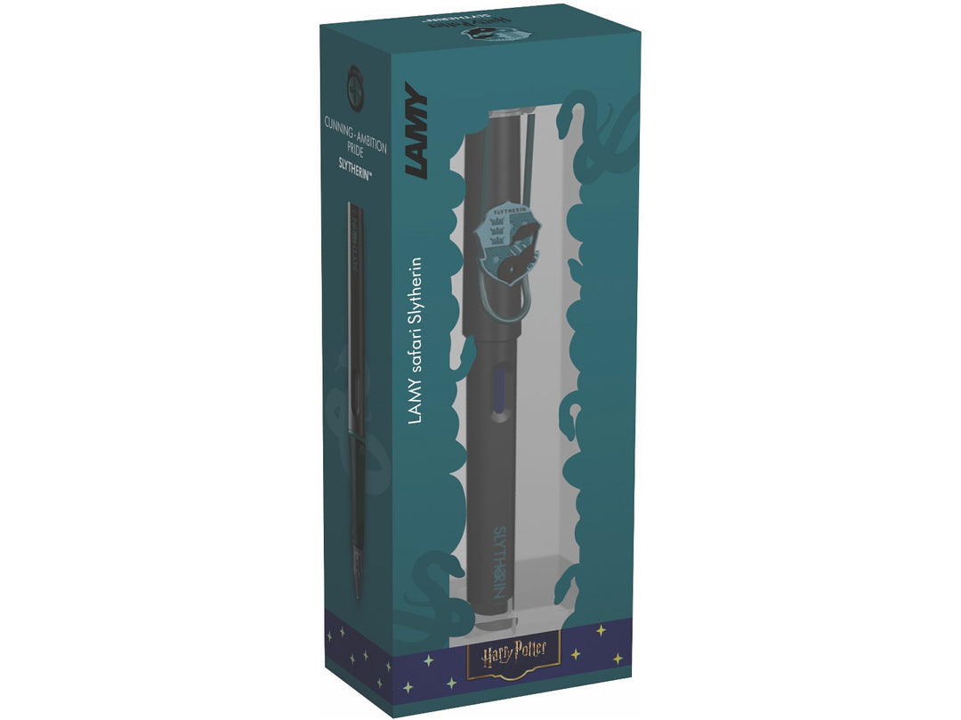 LAMY safari Harry Potter Slytherin fountain pen showcasing Slytherin house artwork, black steel nib and special edition design features