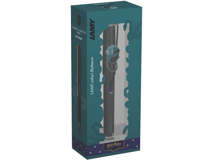 LAMY safari Harry Potter Slytherin fountain pen showcasing Slytherin house artwork, black steel nib and special edition design features