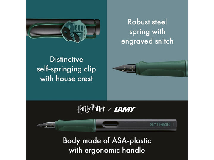 LAMY safari Harry Potter Slytherin special edition fountain pen feature image showing Slytherin crest clip, ergonomic grip and black stainless steel nib