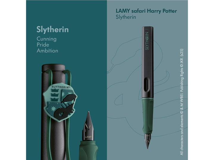 LAMY safari Harry Potter Slytherin fountain pen showcasing Slytherin house artwork, black steel nib and special edition design features