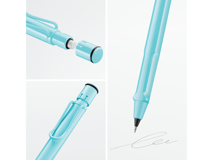 LAMY safari mechanical pencil feature graphic showing integrated Z18 eraser with cleaning needle, ergonomic grip and spring-loaded metal clip in aquasky finish