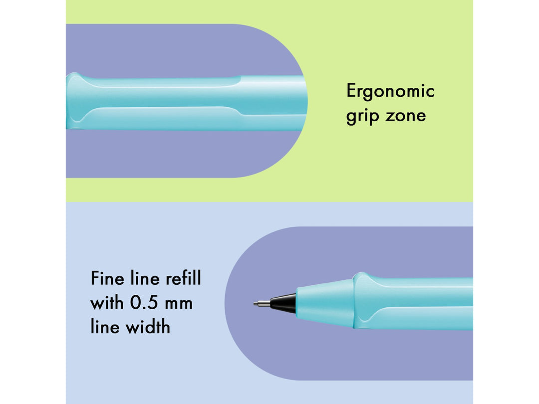LAMY safari mechanical pencil feature graphic showing integrated Z18 eraser with cleaning needle, durable ASA plastic body and spring-loaded metal clip in aquasky finish