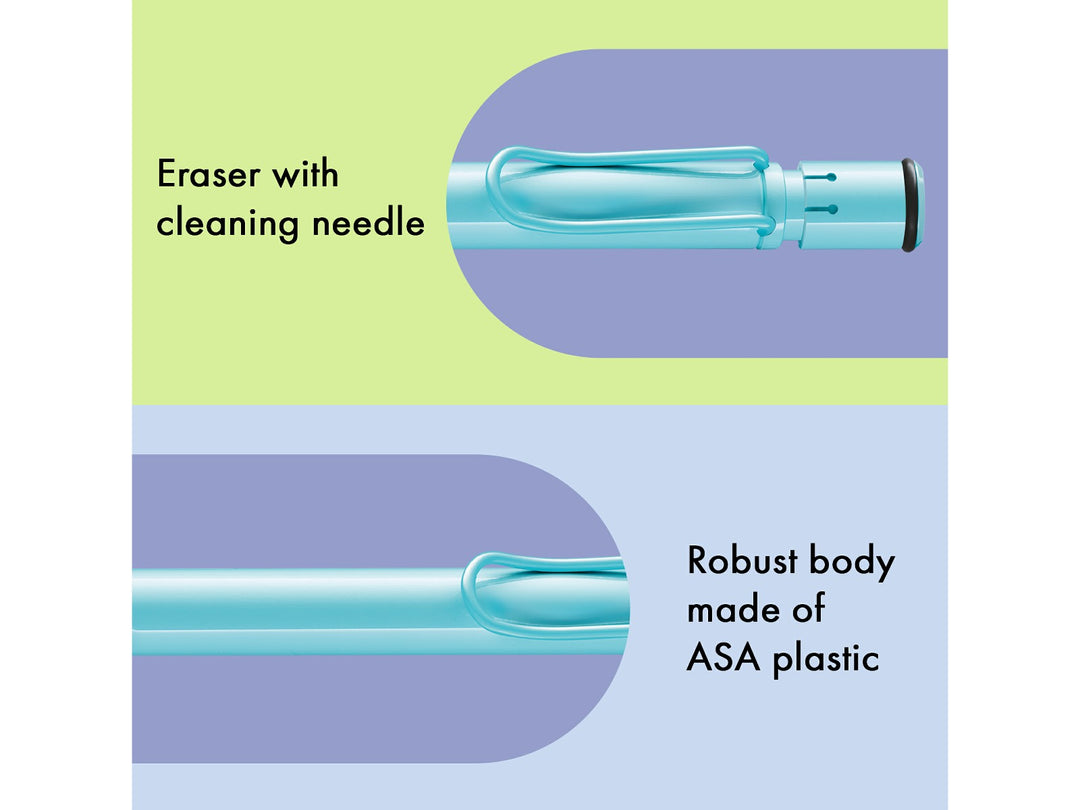 LAMY safari mechanical pencil feature graphic showing ergonomic grip section and precision 0.5mm lead mechanism in aquasky finish