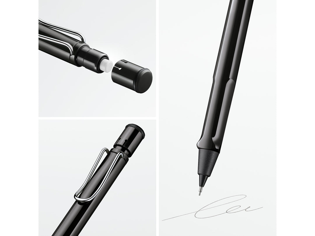 LAMY safari mechanical pencil feature graphic showing integrated Z18 eraser with cleaning needle, ergonomic grip and spring-loaded metal clip in black finish