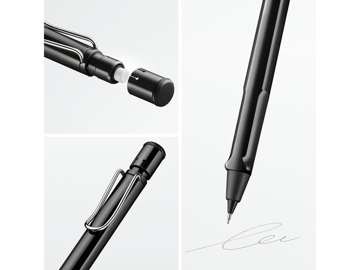 LAMY safari mechanical pencil feature graphic showing integrated Z18 eraser with cleaning needle, ergonomic grip and spring-loaded metal clip in black finish