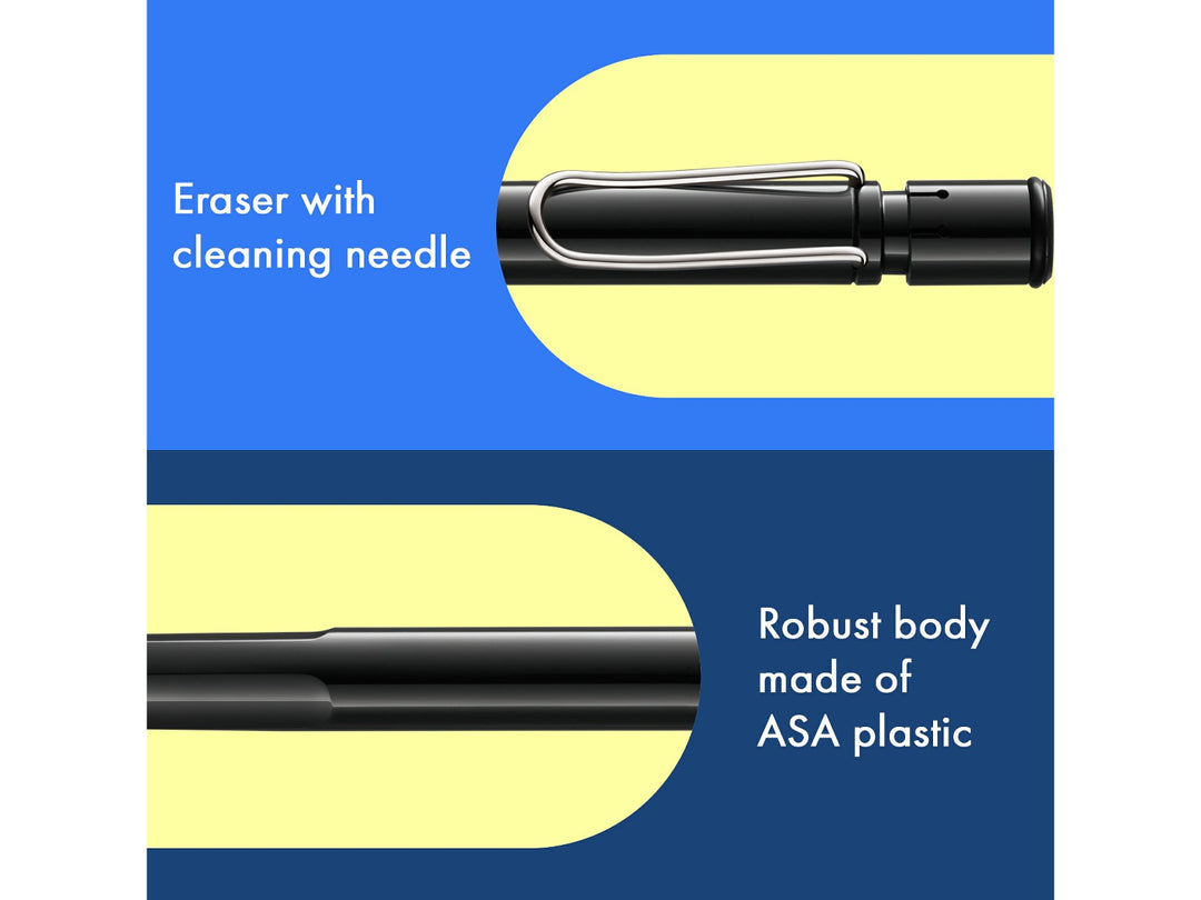 LAMY safari mechanical pencil feature graphic showing integrated Z18 eraser with cleaning needle, durable ASA plastic body and spring-loaded metal clip in black finish