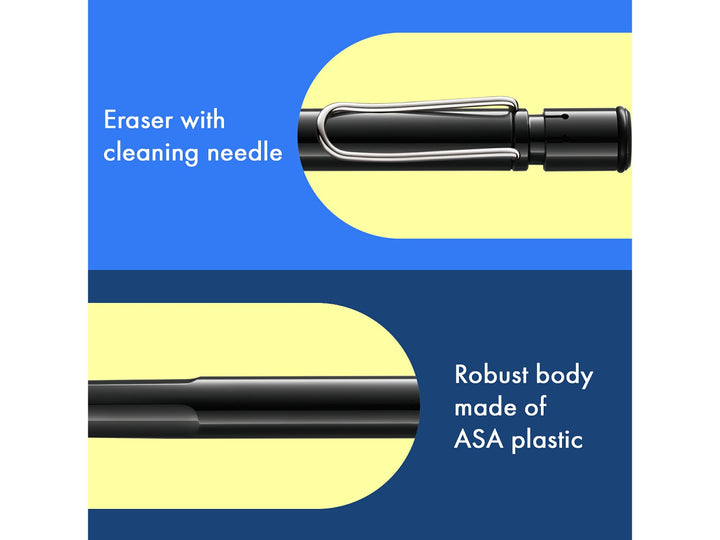 LAMY safari mechanical pencil feature graphic showing integrated Z18 eraser with cleaning needle, durable ASA plastic body and spring-loaded metal clip in black finish