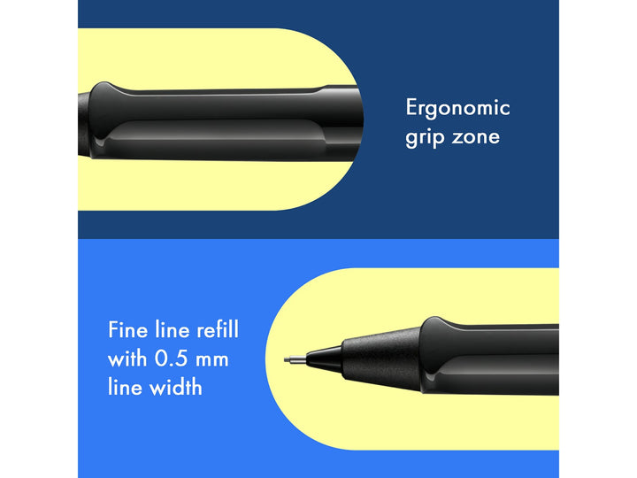 LAMY safari mechanical pencil feature graphic showing ergonomic grip section and precision 0.5mm lead mechanism in black finish