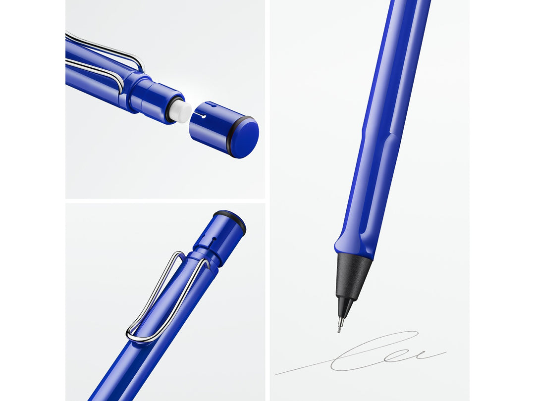 LAMY safari mechanical pencil feature graphic showing integrated Z18 eraser with cleaning needle, ergonomic grip and spring-loaded metal clip in blue finish