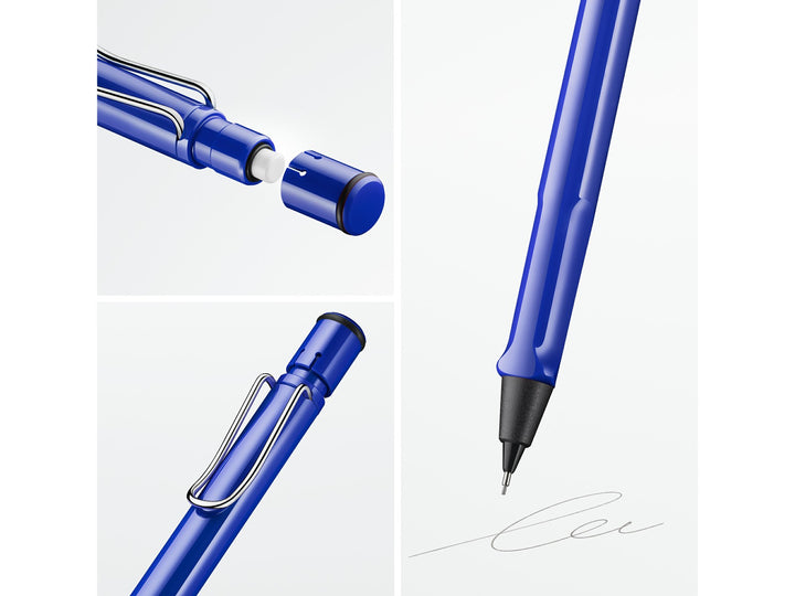LAMY safari mechanical pencil feature graphic showing integrated Z18 eraser with cleaning needle, ergonomic grip and spring-loaded metal clip in blue finish
