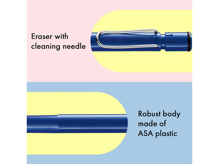 LAMY safari mechanical pencil feature graphic showing ergonomic grip section and precision 0.5mm lead mechanism in blue finish