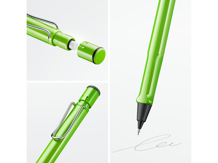 LAMY safari mechanical pencil feature graphic showing integrated Z18 eraser with cleaning needle, ergonomic grip and spring-loaded metal clip in green finish
