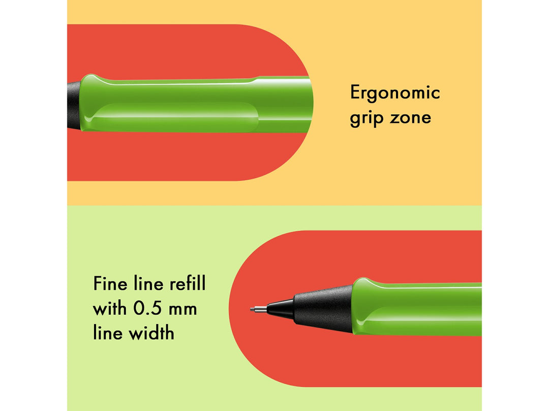 LAMY safari mechanical pencil feature graphic showing ergonomic grip section and precision 0.5mm lead mechanism in green finish