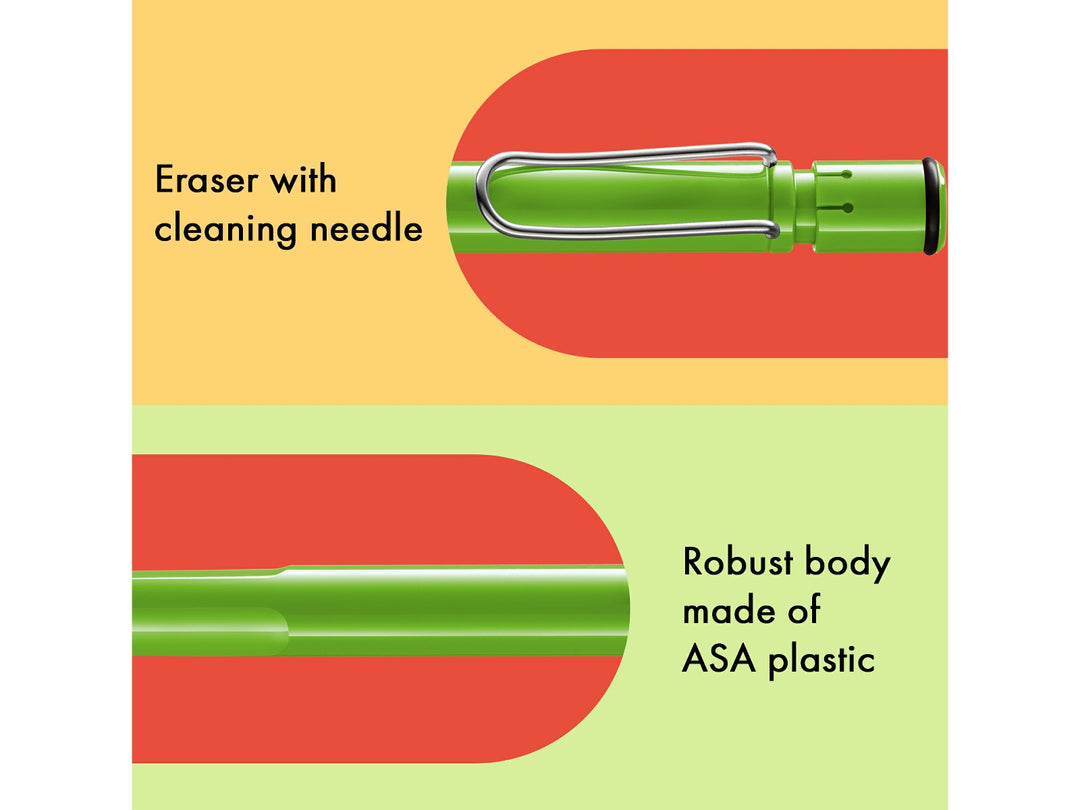LAMY safari mechanical pencil feature graphic showing integrated Z18 eraser with cleaning needle, durable ASA plastic body and spring-loaded metal clip in green finish