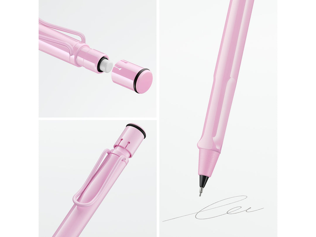 LAMY safari mechanical pencil feature graphic showing integrated Z18 eraser with cleaning needle, ergonomic grip and spring-loaded metal clip in light rose finish