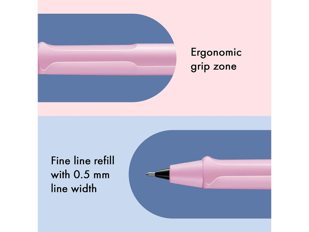 LAMY safari mechanical pencil feature graphic showing ergonomic grip section and precision 0.5mm lead mechanism in light rose finish