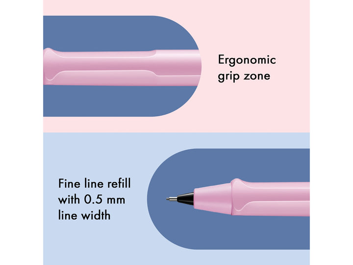 LAMY safari mechanical pencil feature graphic showing ergonomic grip section and precision 0.5mm lead mechanism in light rose finish