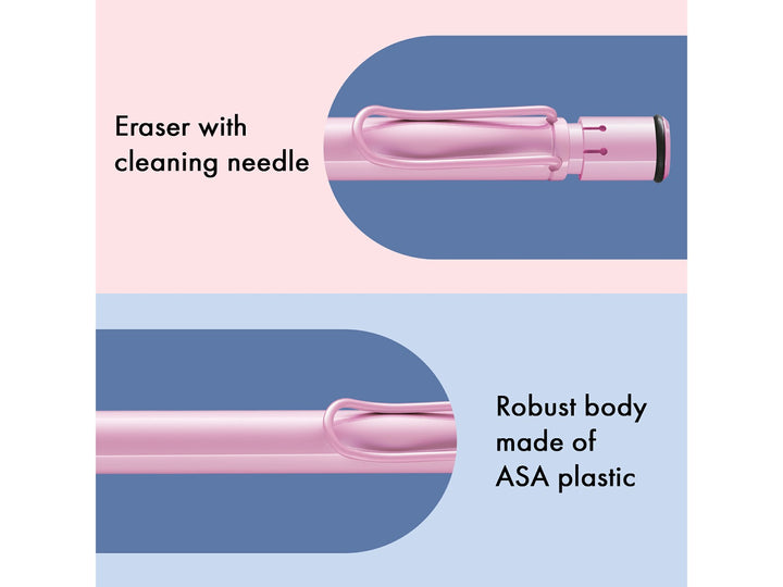 LAMY safari mechanical pencil feature graphic showing integrated Z18 eraser with cleaning needle, durable ASA plastic body and spring-loaded metal clip in light rose finish