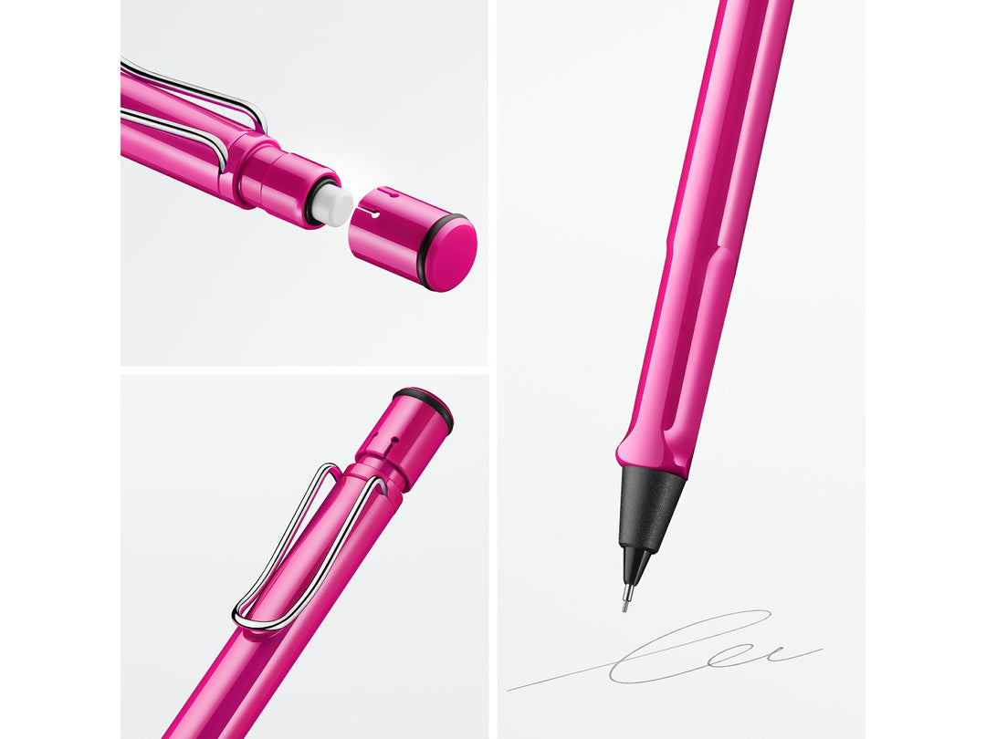 LAMY safari mechanical pencil feature graphic showing integrated Z18 eraser with cleaning needle, ergonomic grip and spring-loaded metal clip in pink finish