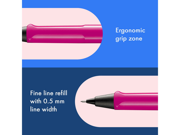 LAMY safari mechanical pencil feature graphic showing ergonomic grip section and precision 0.5mm lead mechanism in pink finish