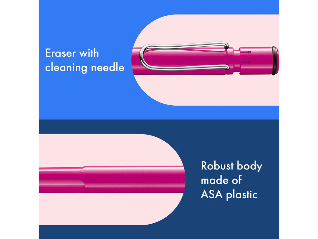 LAMY safari mechanical pencil feature graphic showing integrated Z18 eraser with cleaning needle, durable ASA plastic body and spring-loaded metal clip in pink finish